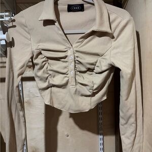 Cider Beige Ruched Collared Long Sleeve Crop Top - Neutral